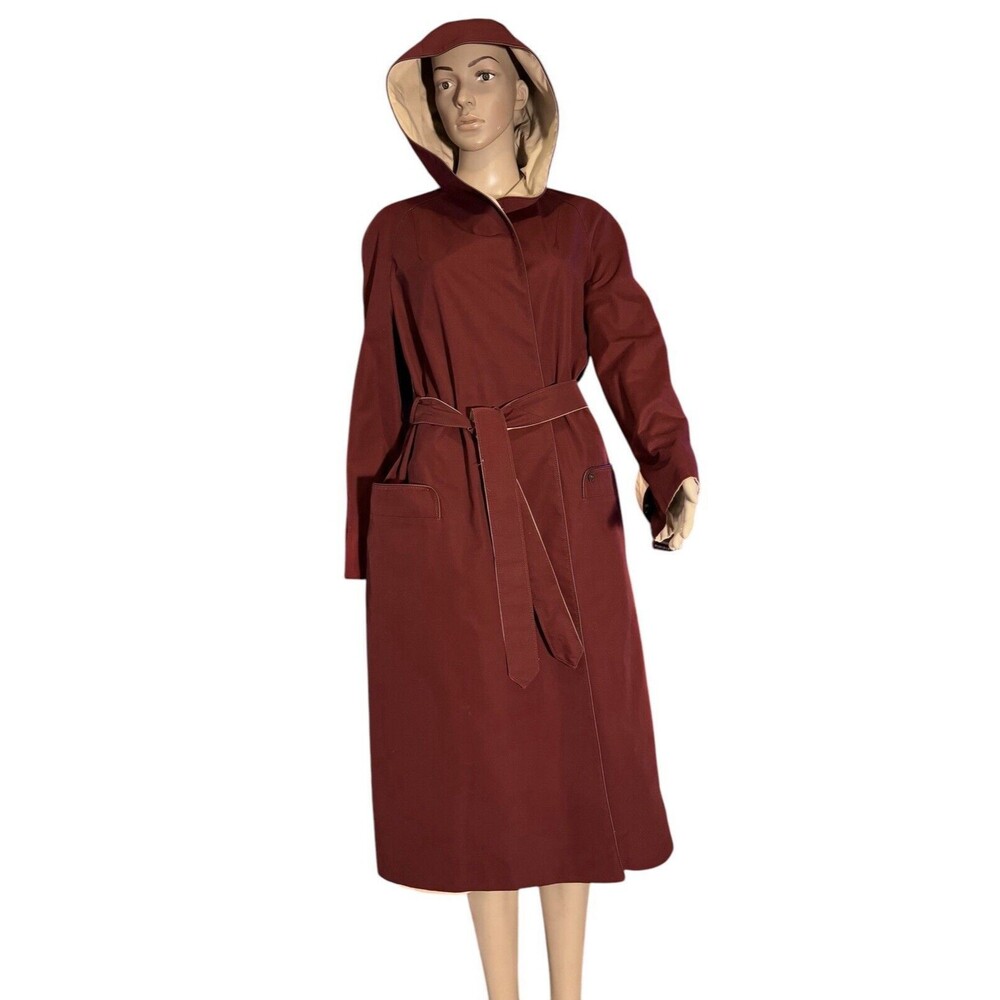 Etienne Aigner Reversible Hooded Trench Coat Size 12 Burgundy Khaki VTG belted - Picture 10 of 14